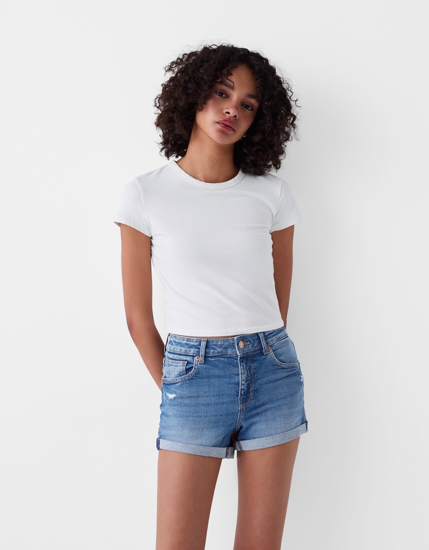 Short denim retroussé-Bleu lavé-1