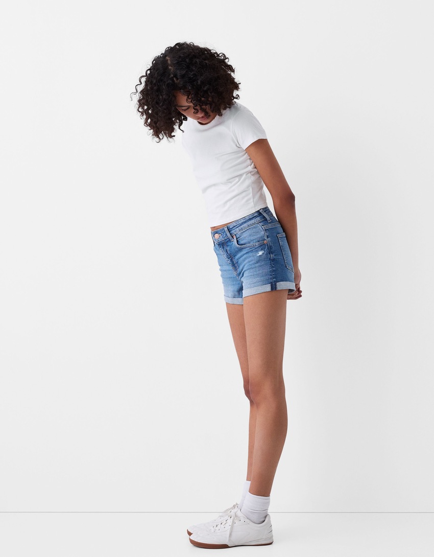 Short denim retroussé-Bleu lavé-0