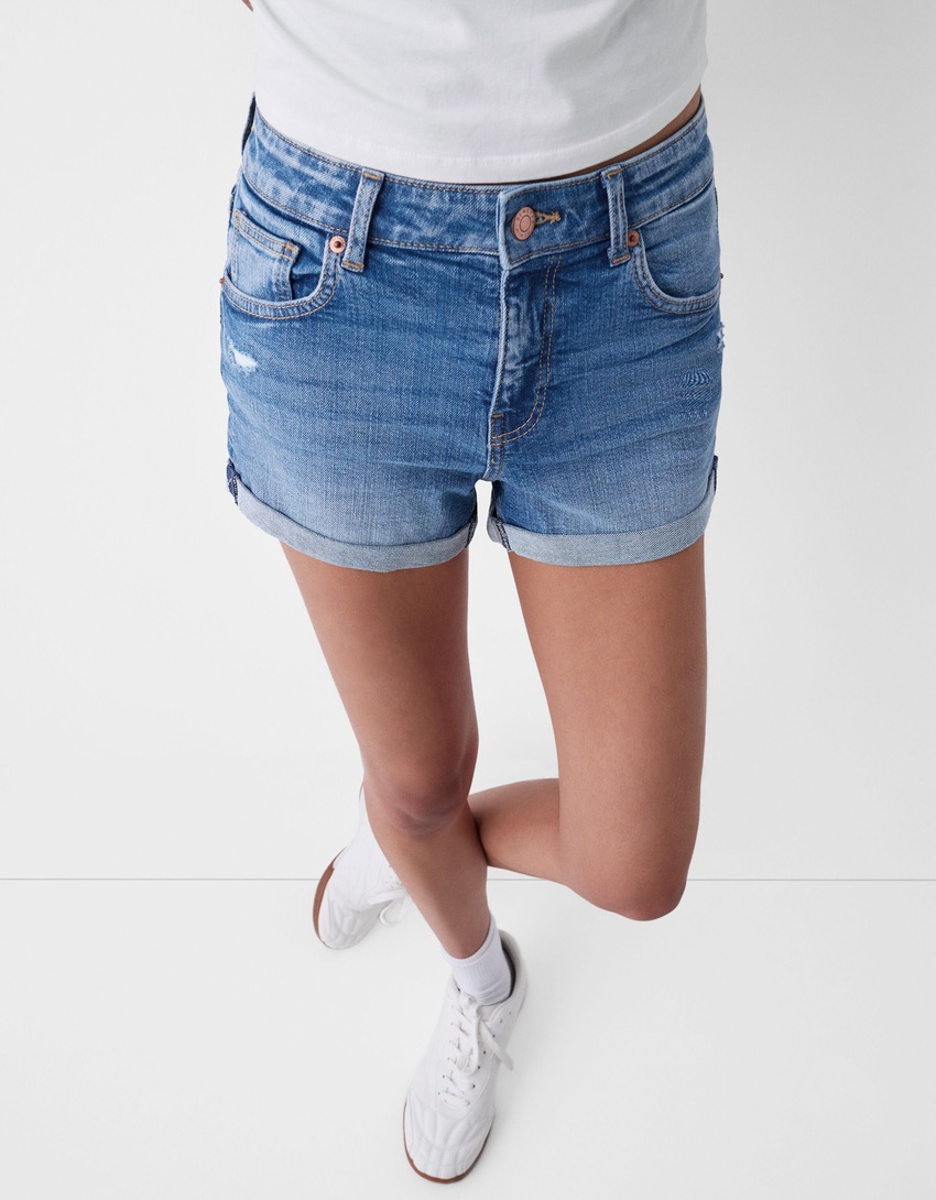 Short denim retroussé-Bleu lavé-3