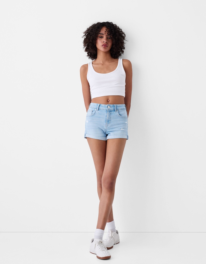 Short denim retroussé-Bleu clair-0