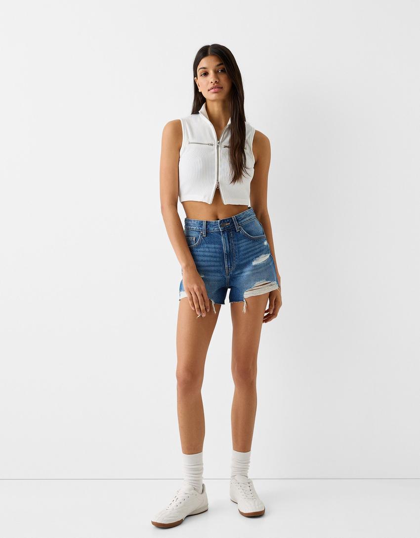 Ripped denim shorts - Women | Bershka Ripped denim shorts - Women