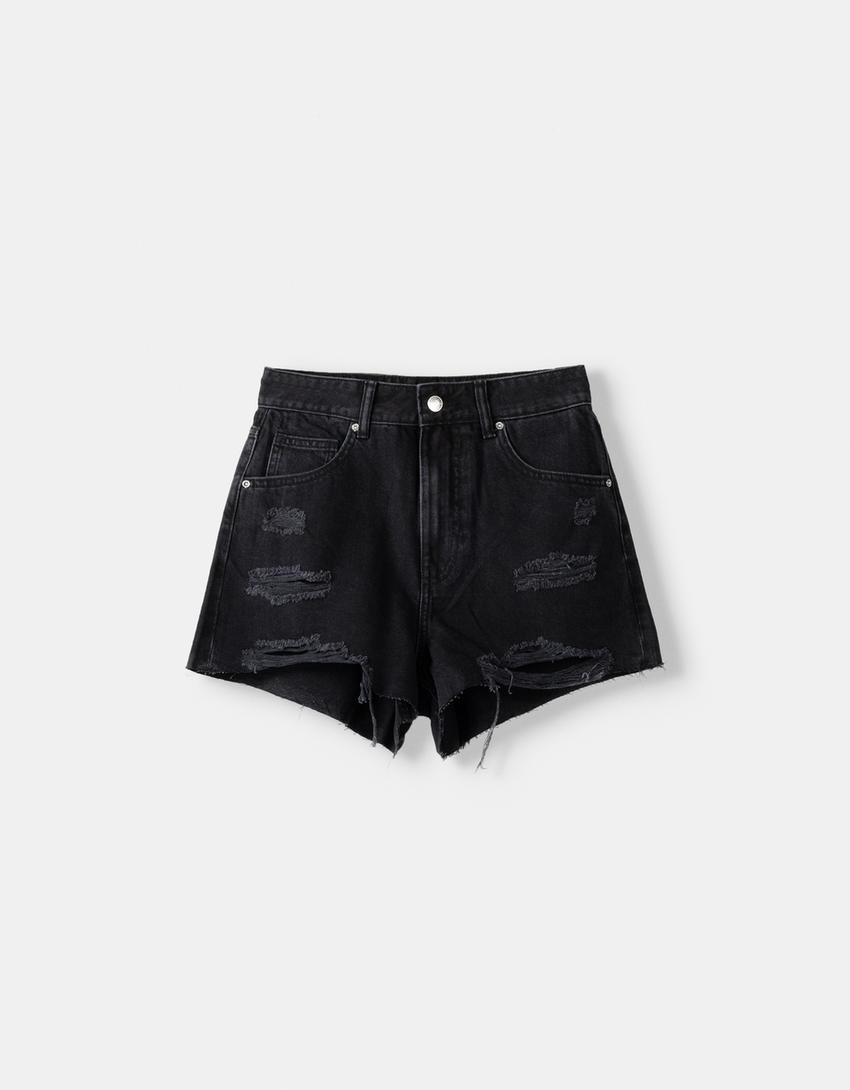 Calções de ganga com rasgões-Preto-4