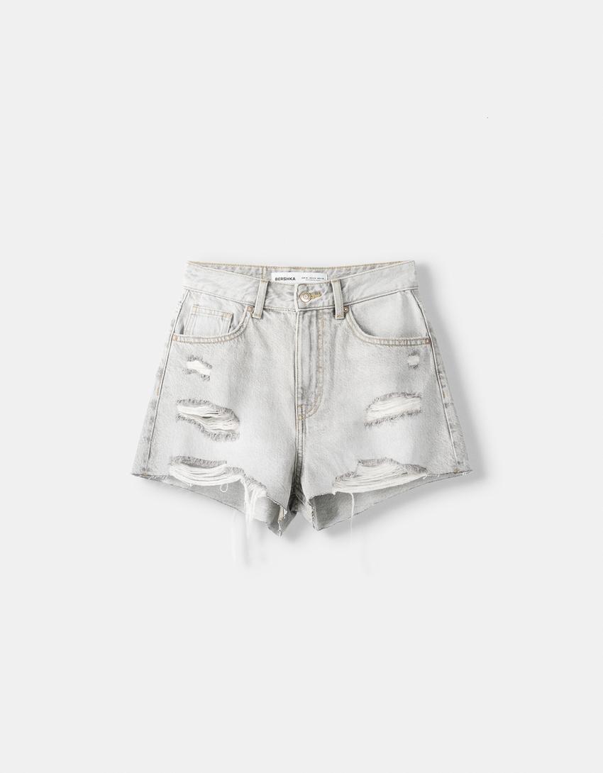 Short en jean déchiré-Gris-4