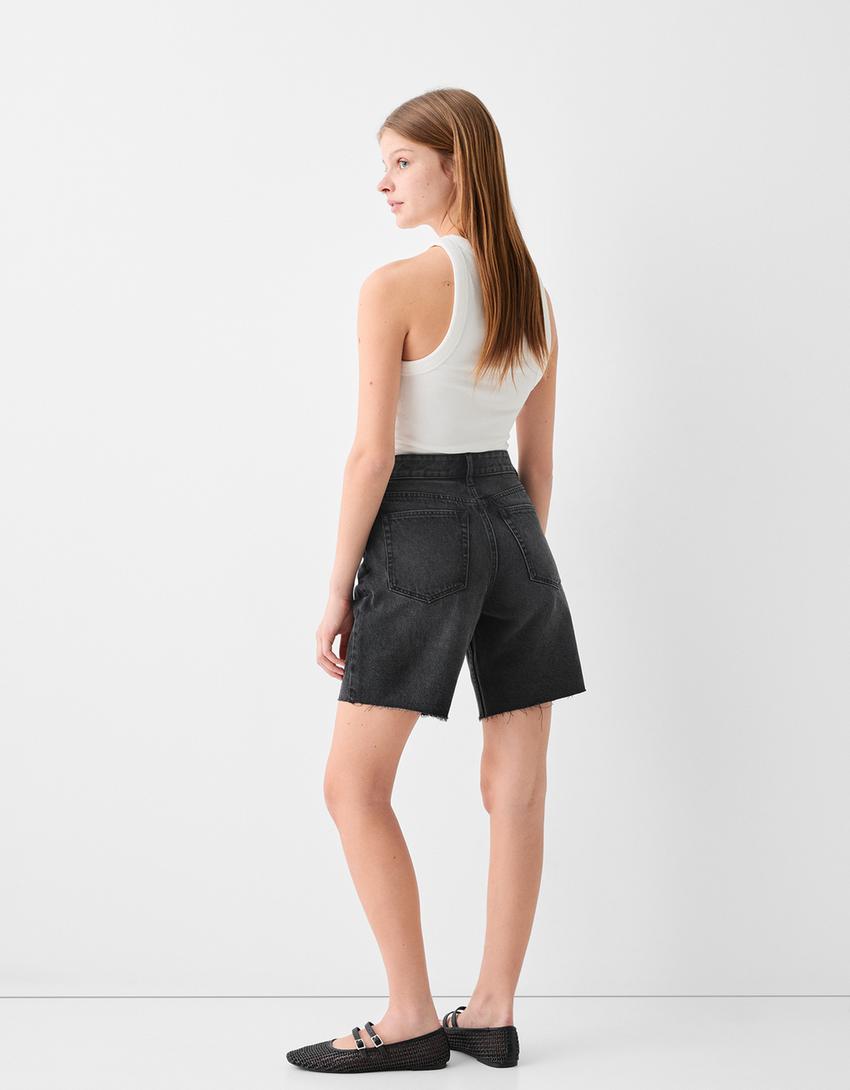 Calções bermuda de denim-Preto-2