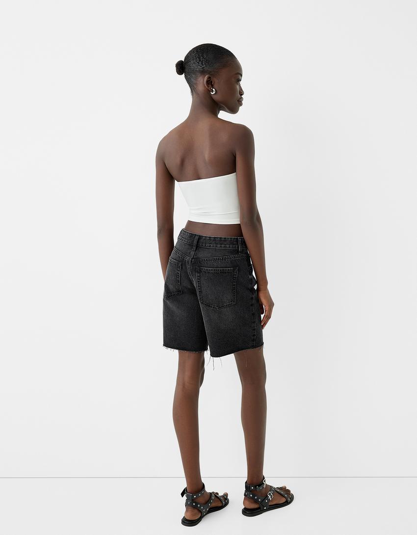 Calções bermuda de denim-Preto-2