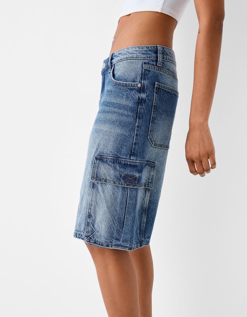 Bermuda denim baggy cargo-Bleu-5