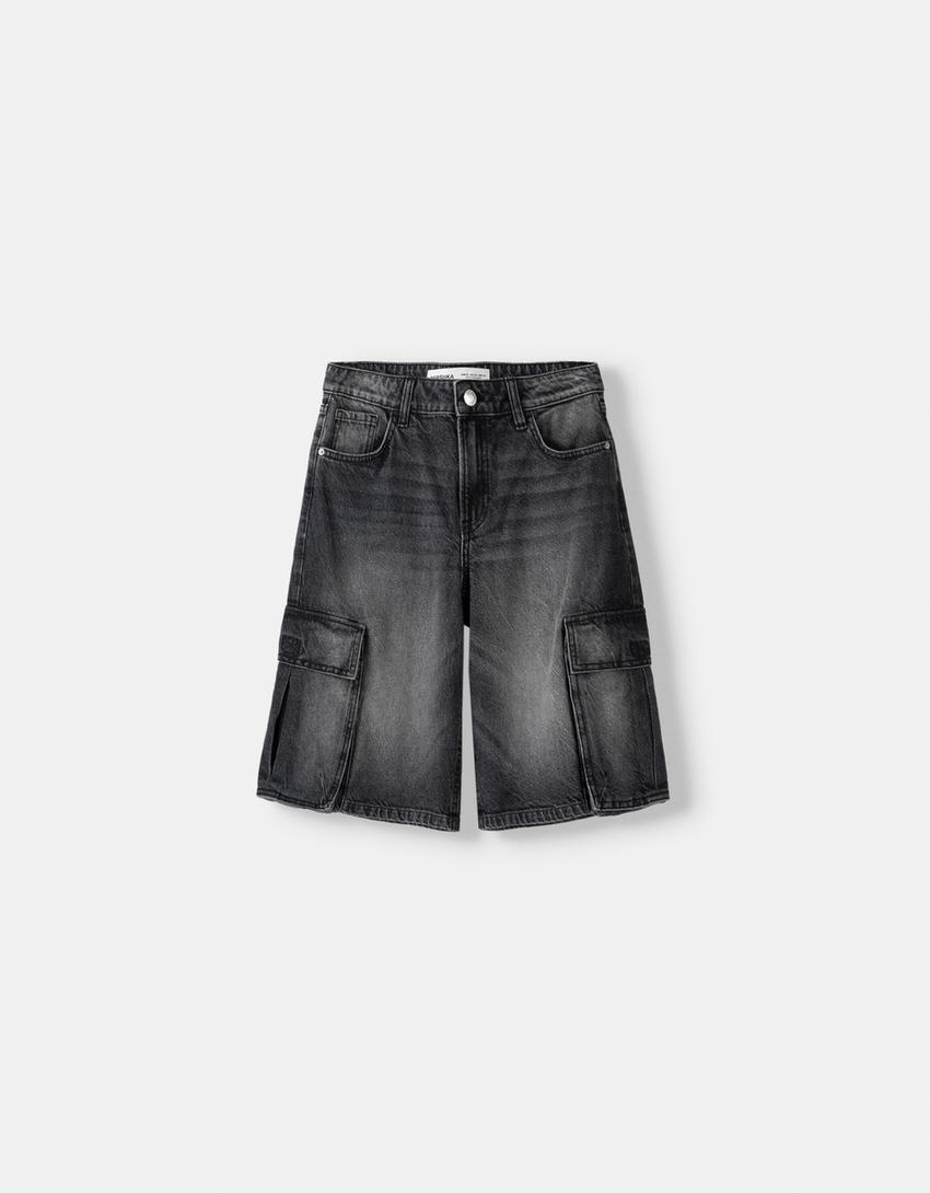 Bermuda denim baggy cargo-Noir-4