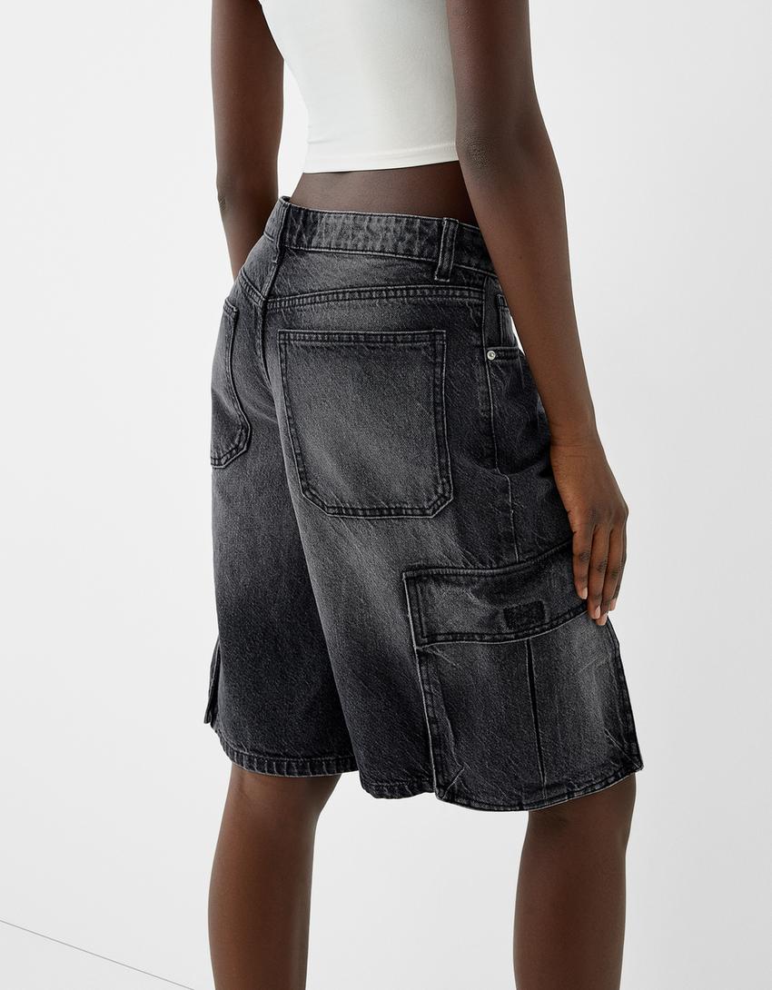 شورت برمودا كارغو دنيم واسع-أسود-6
