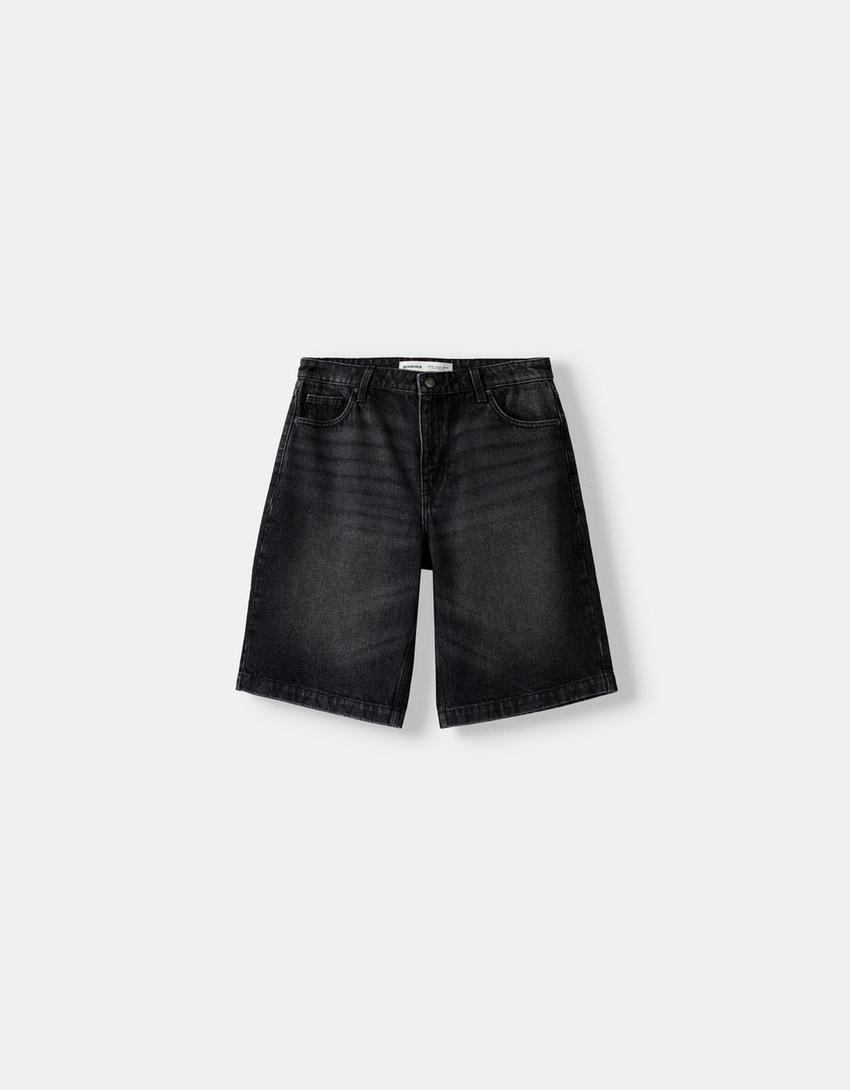 Calções bermuda denim baggy-Preto-4