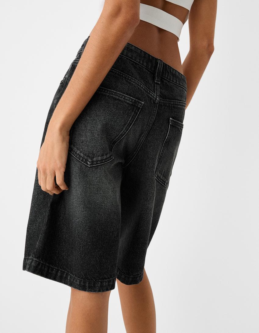 Calções bermuda denim baggy-Preto-7