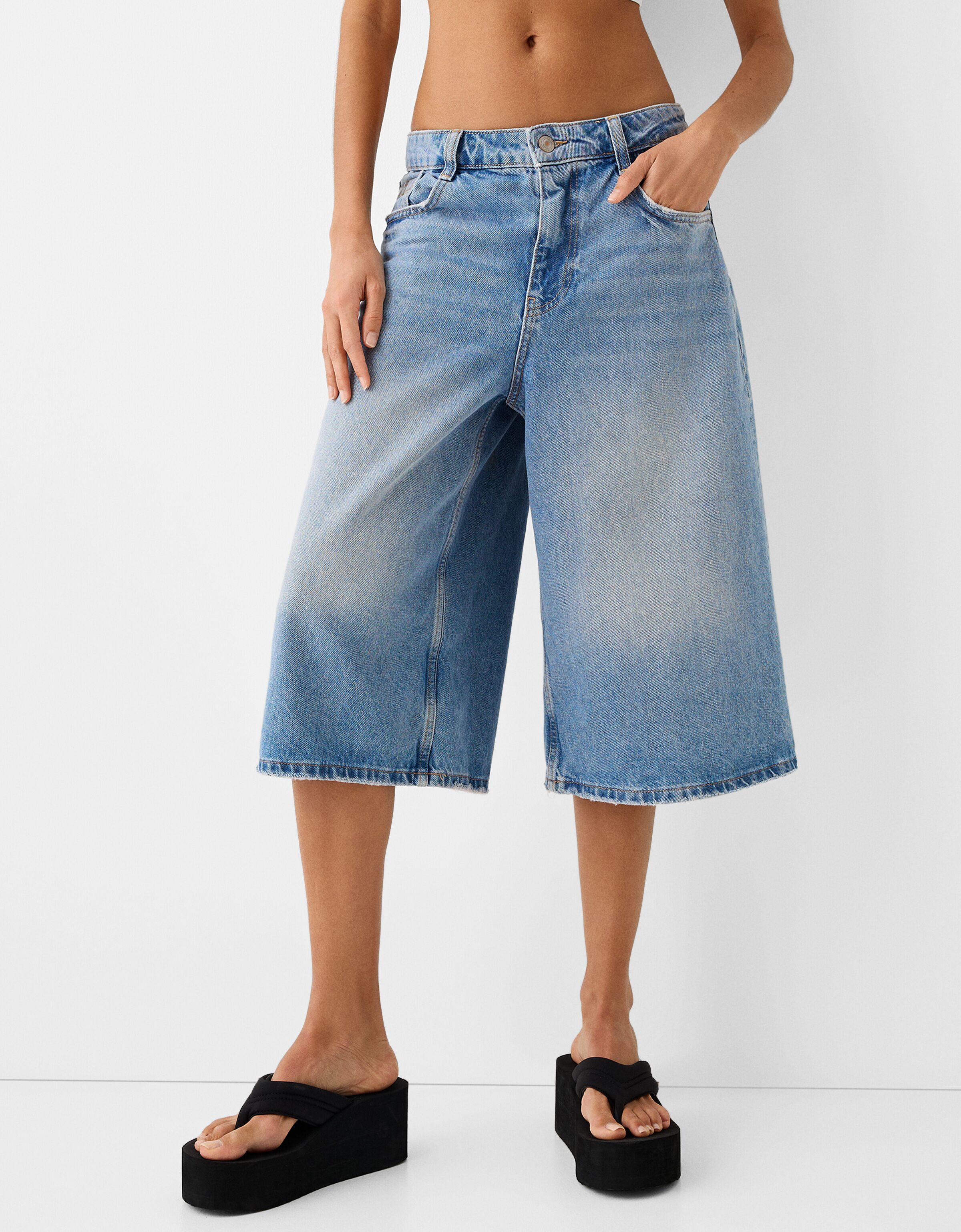 Wide leg denim bermuda shorts on sale