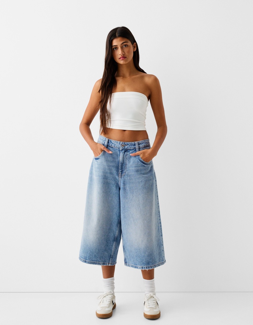 Baggy denim Bermuda shorts-Light blue-0