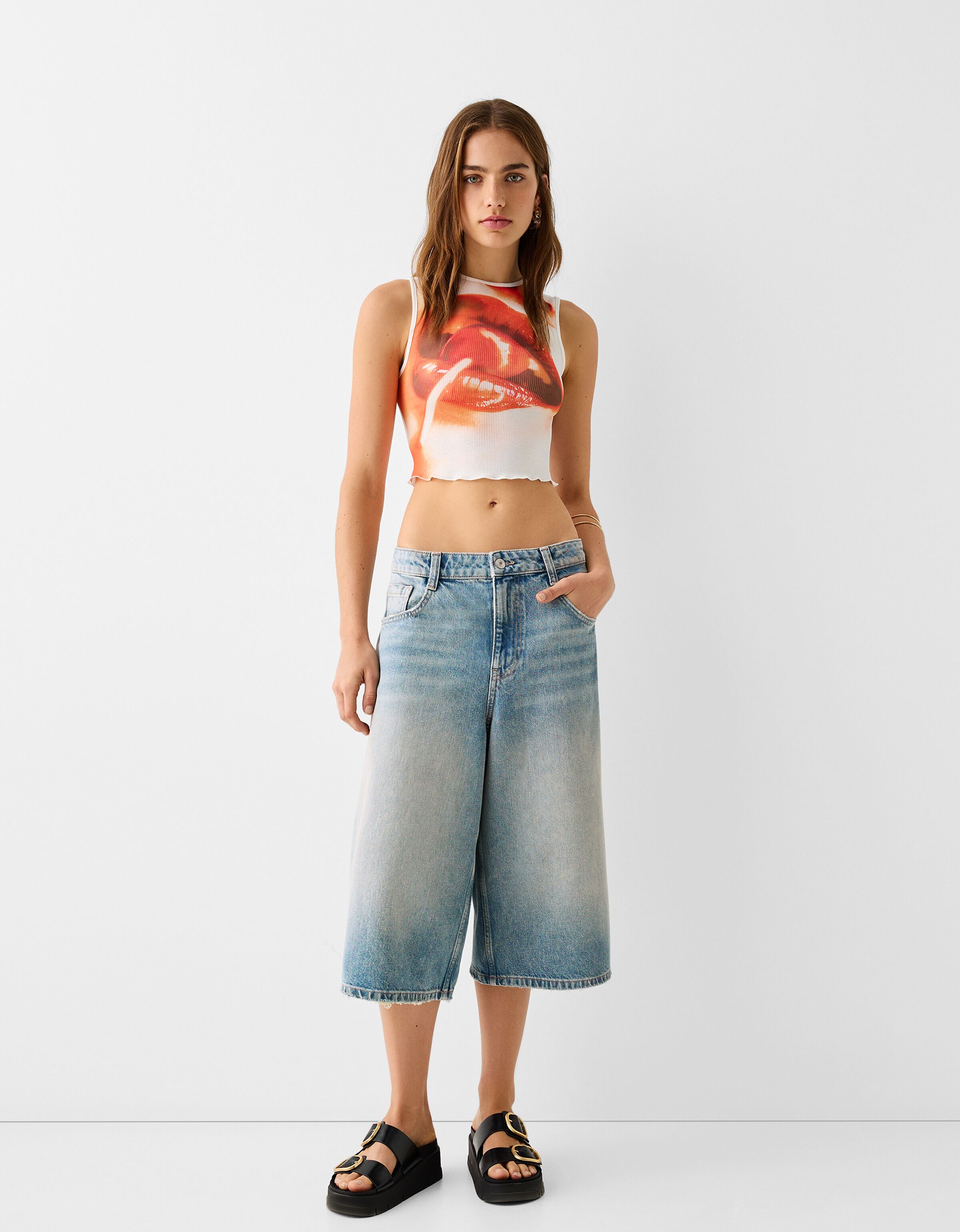 Bol denim bermuda ort Etek ort Kad n Bershka