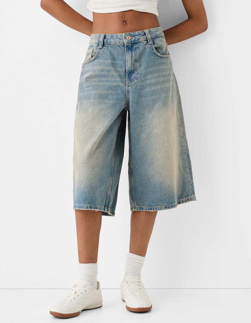 Bermuda short baggy en jean-Bleu lavé-1