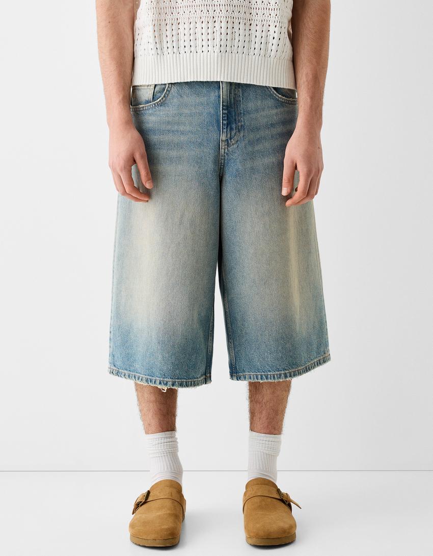 Calções bermuda jort denim baggy-Azul lavado-0