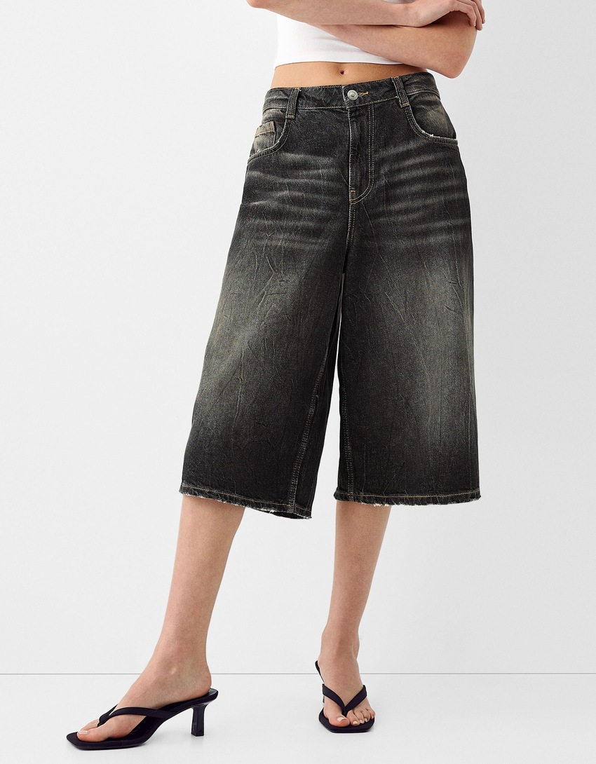 Baggy denim Bermuda shorts-Black-2