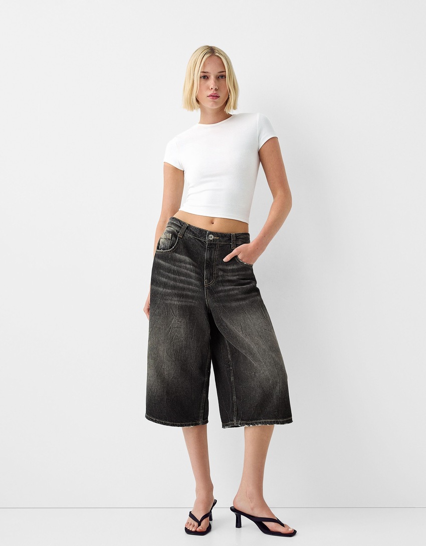 Baggy denim Bermuda shorts-Black-0