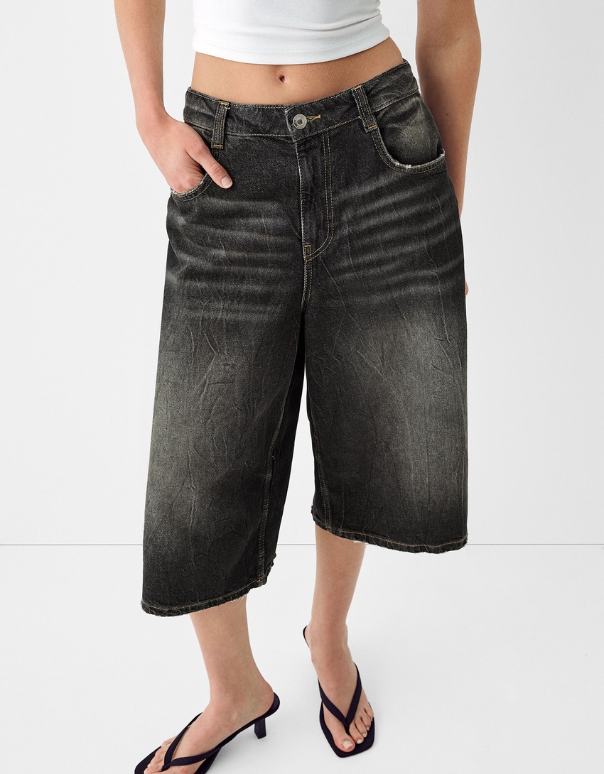Baggy denim Bermuda shorts-Black-4
