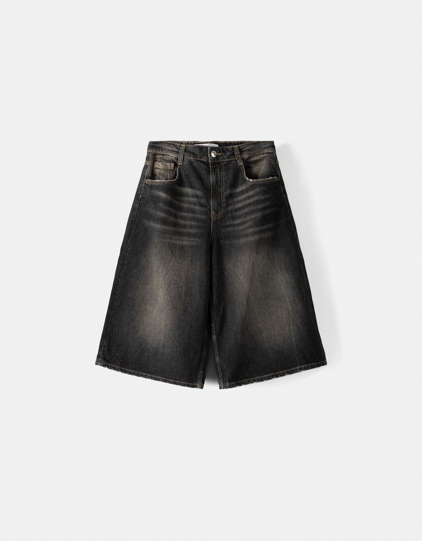 Baggy denim Bermuda shorts-Black-5