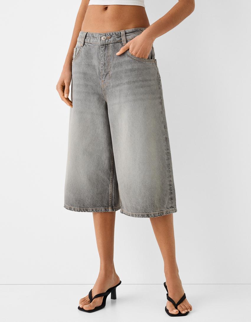 Calções bermuda jort denim baggy-Cinza-1