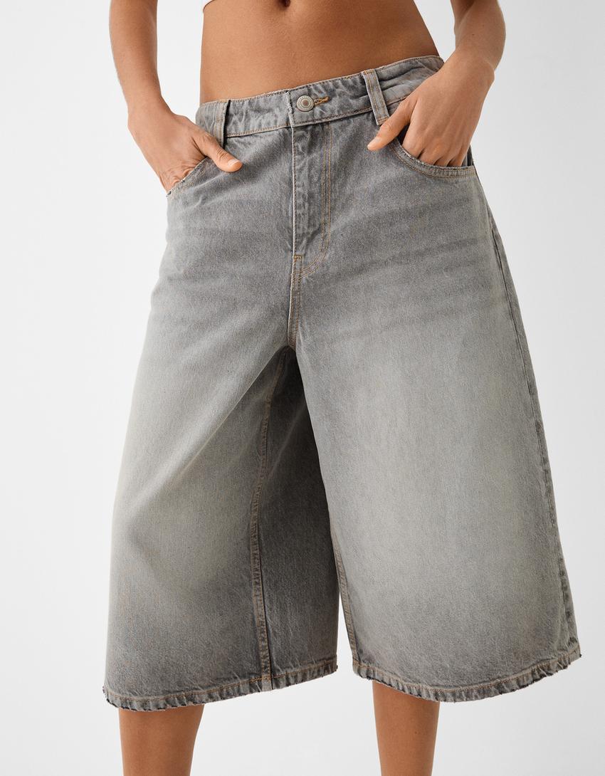 Calções bermuda jort denim baggy-Cinza-3