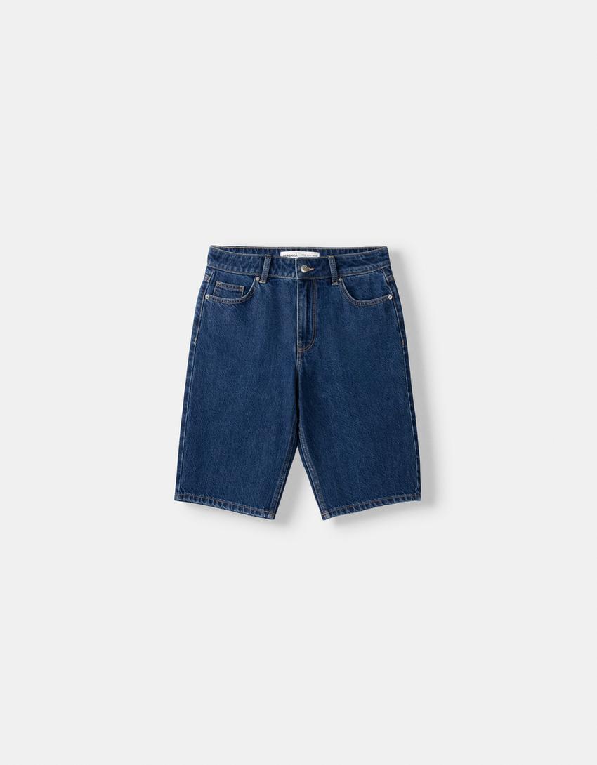Straight-leg denim Bermuda shorts-Navy-4