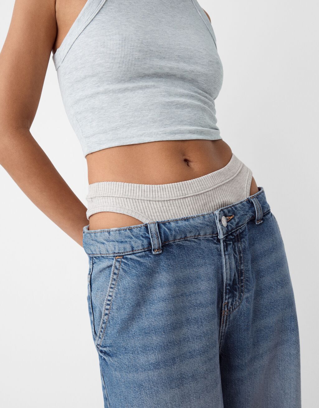 İç çamaşırı detaylı baggy bermuda denim şort-Açık mavi-5