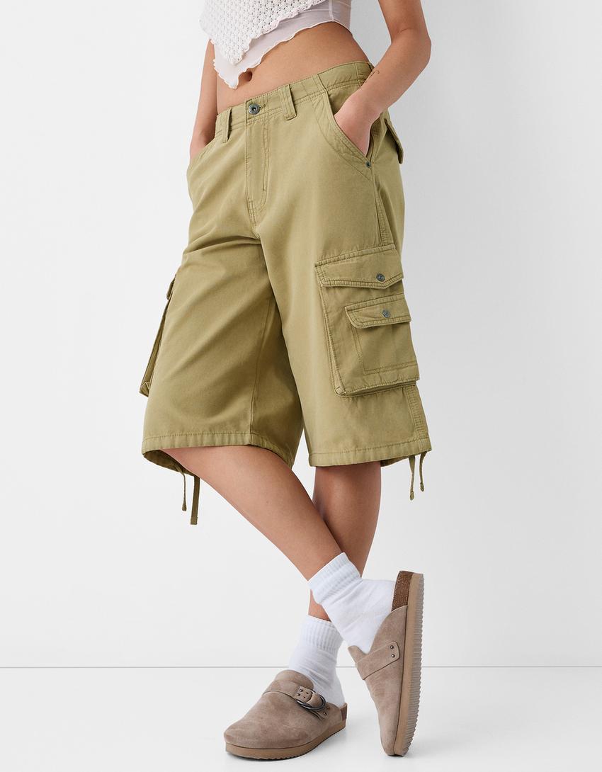 Cotton cargo baggy Bermuda shorts-Green-1