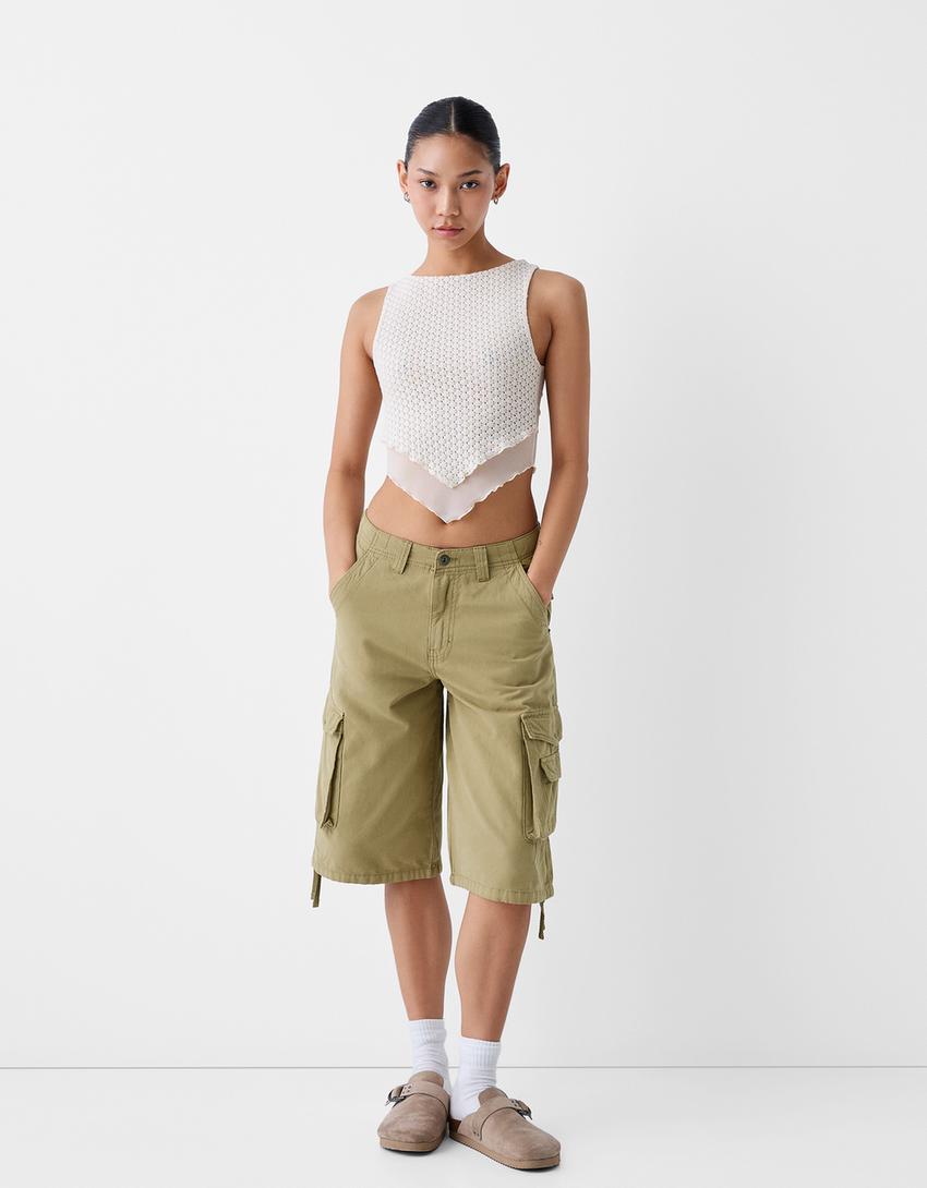 Cotton cargo baggy Bermuda shorts-Green-0