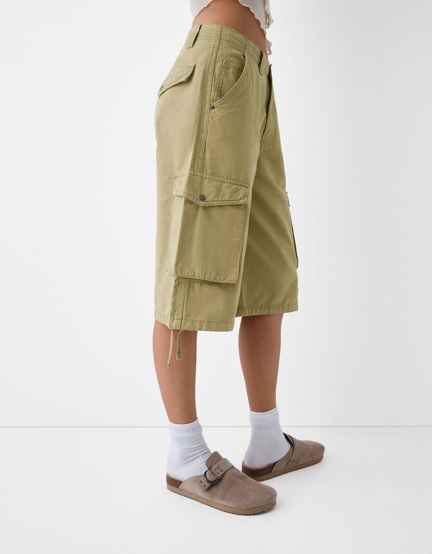 Cotton cargo baggy Bermuda shorts-Green-3