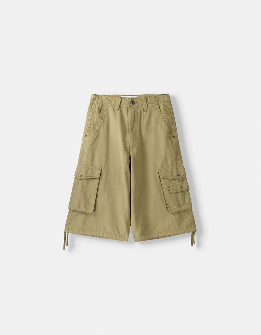 Cotton cargo baggy Bermuda shorts-Green-4