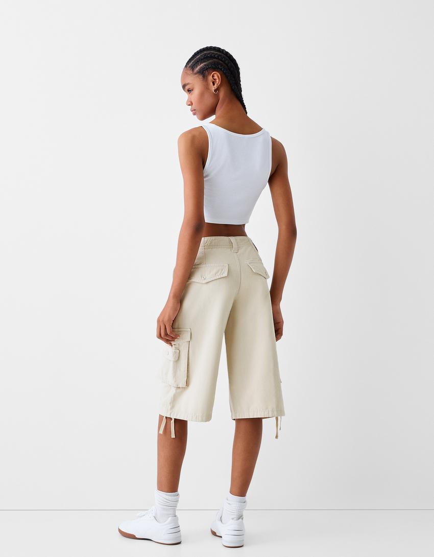 Cotton cargo baggy Bermuda shorts-Cream-2