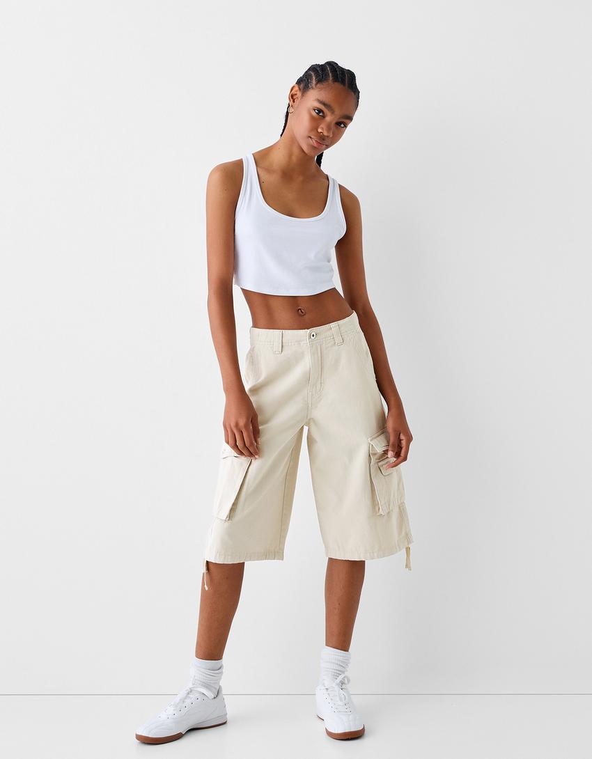 Cotton cargo baggy Bermuda shorts-Cream-0