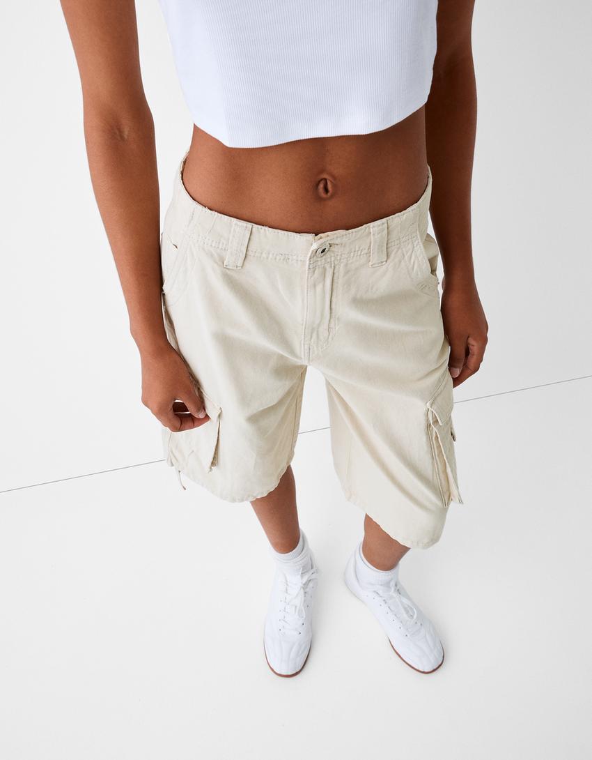 Cotton cargo baggy Bermuda shorts-Cream-5