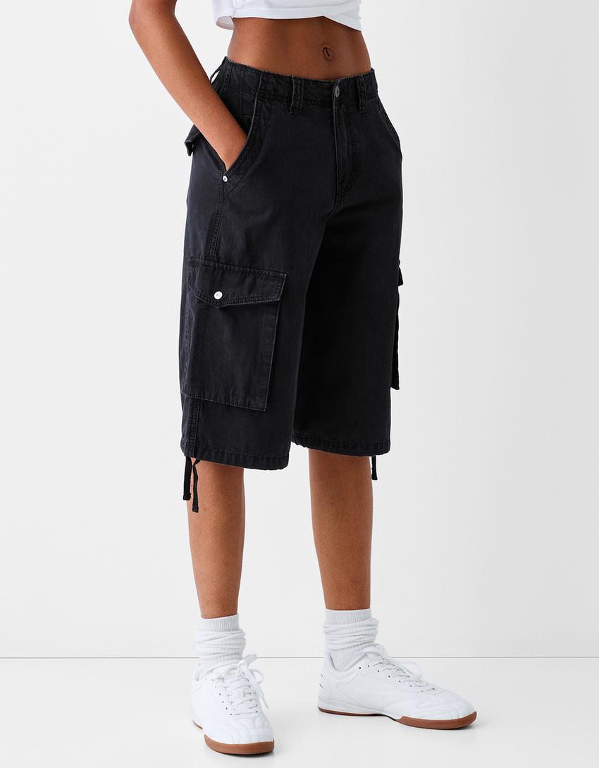 Cotton cargo baggy Bermuda shorts-Black-1