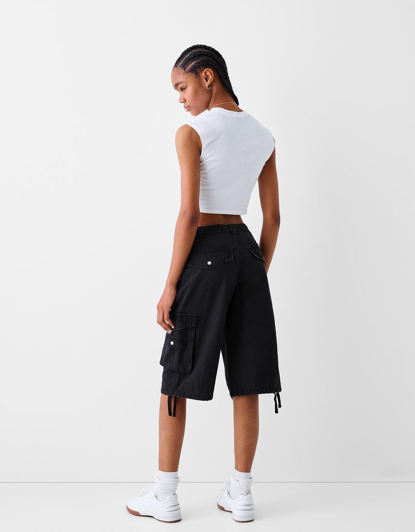 Cotton cargo baggy Bermuda shorts-Black-2