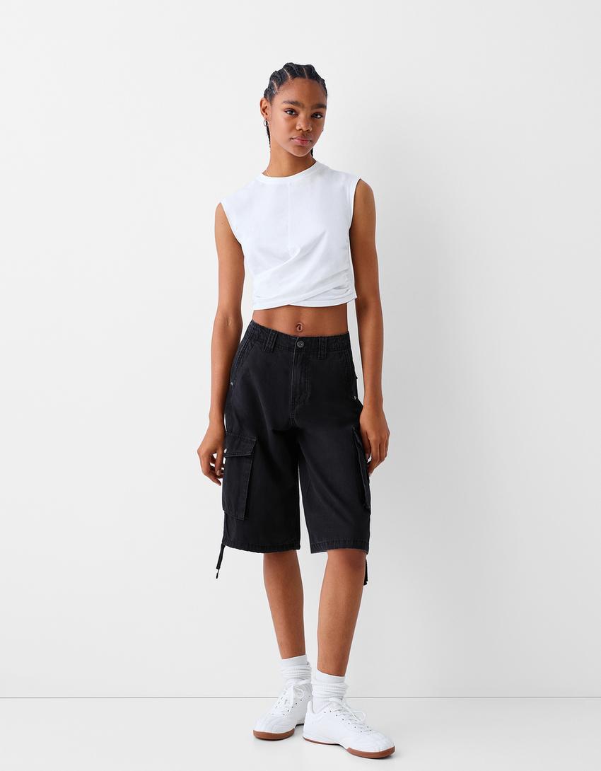 Cotton cargo baggy Bermuda shorts-Black-0