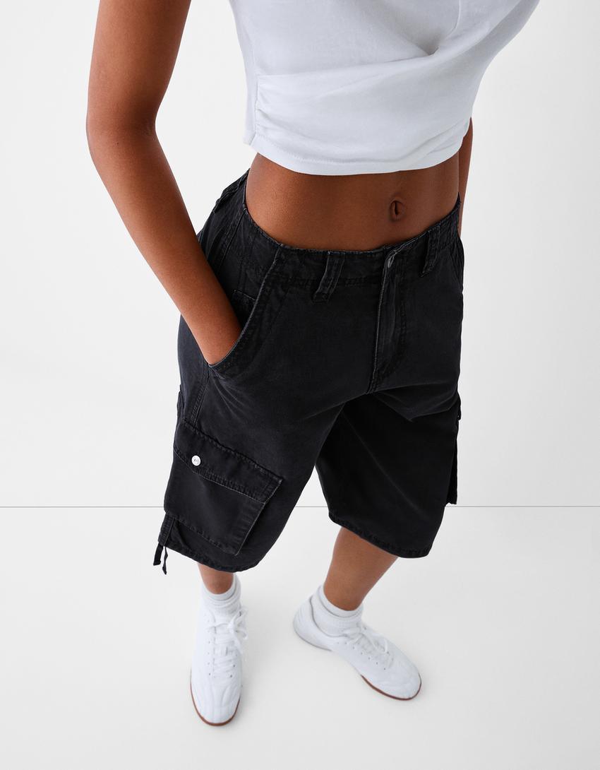 Cotton cargo baggy Bermuda shorts-Black-3
