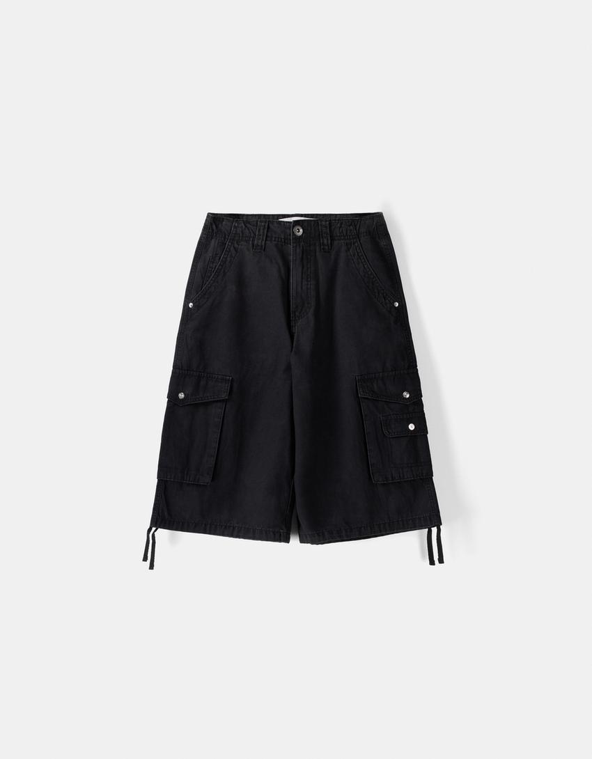 Cotton cargo baggy Bermuda shorts-Black-4