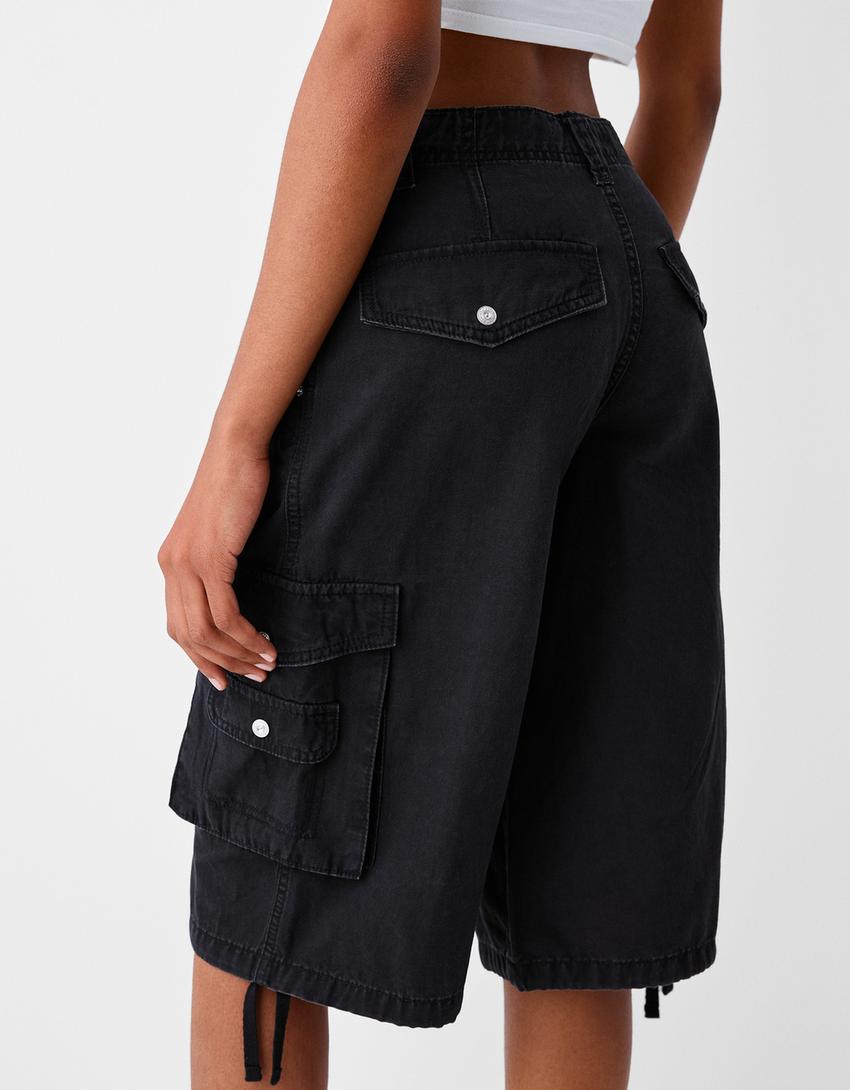 Cotton cargo baggy Bermuda shorts-Black-5