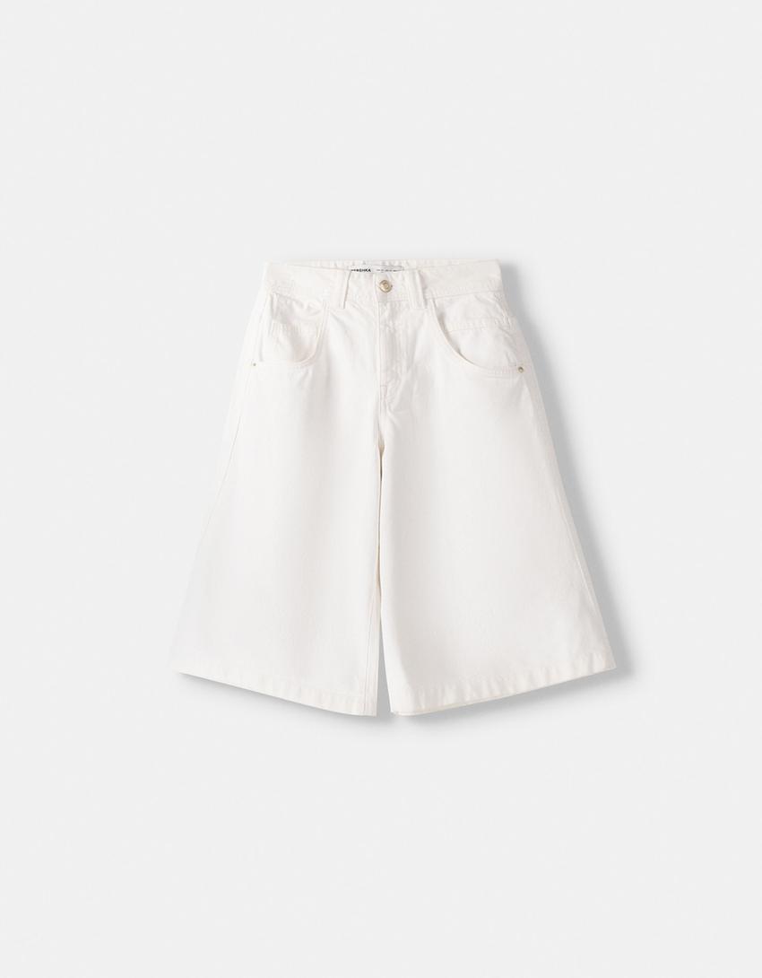 شورت برمودا شروال تويل واسع-أبيض مطفي-5