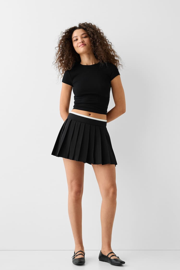 Contrast elastic poplin box pleat mini skirt