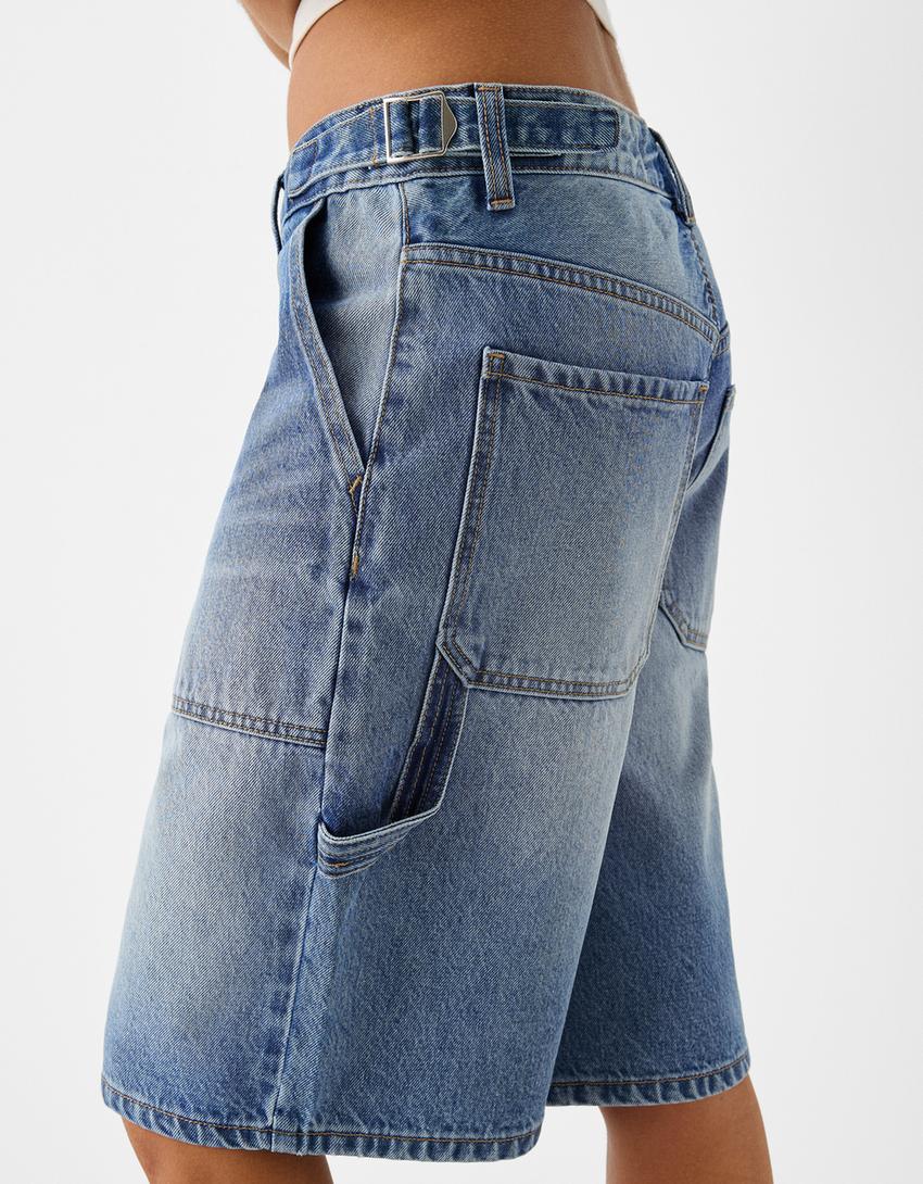 شورت برمودا دنيم بقصة بالون وساق عريضة-أزرق فاتح-3