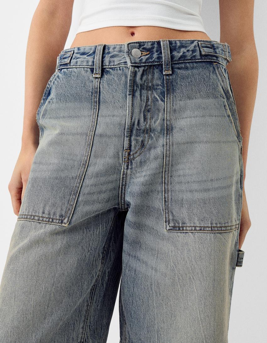 شورت برمودا دنيم بقصة بالون وساق عريضة-أزرق مغسول من الخارج-3