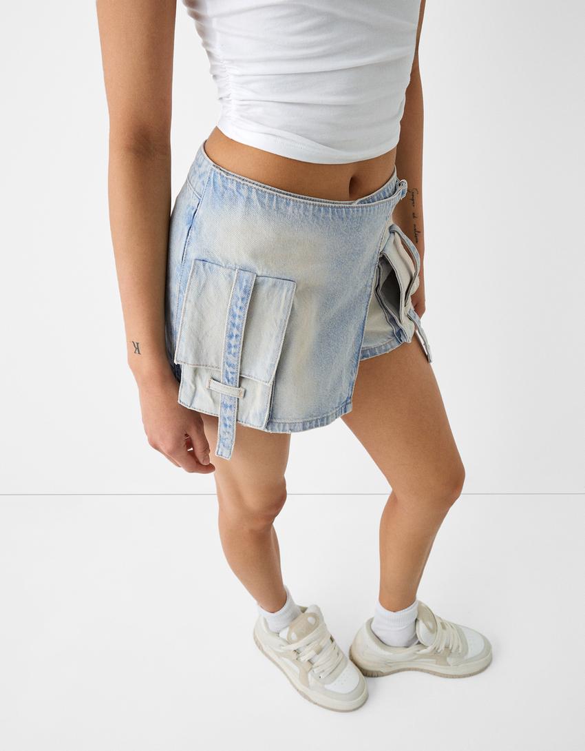 Denim cargo skort-Washed out blue-5