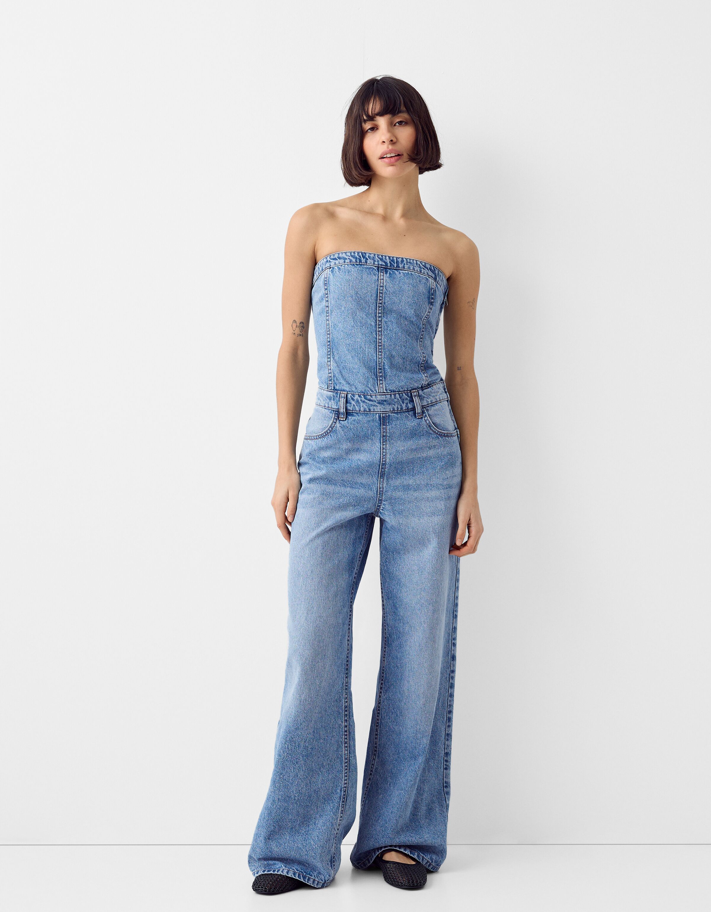 Wide-leg off-the-shoulder denim jumpsuit - Dresses - Women 