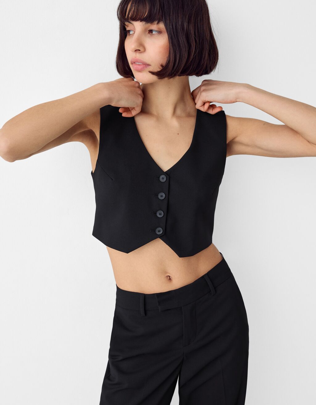 Cropped tailored waistcoat-Black-2