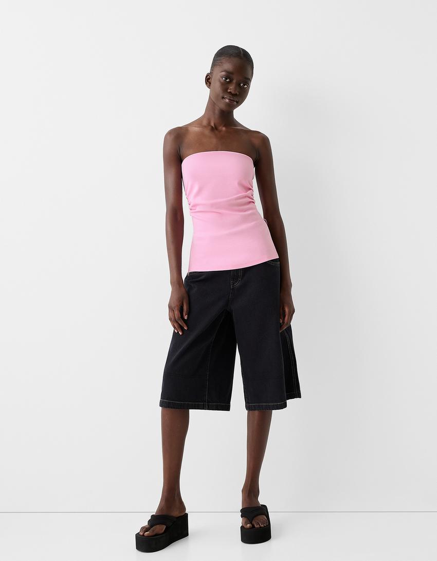 Top bandeau maille milano froncé-Rose-3