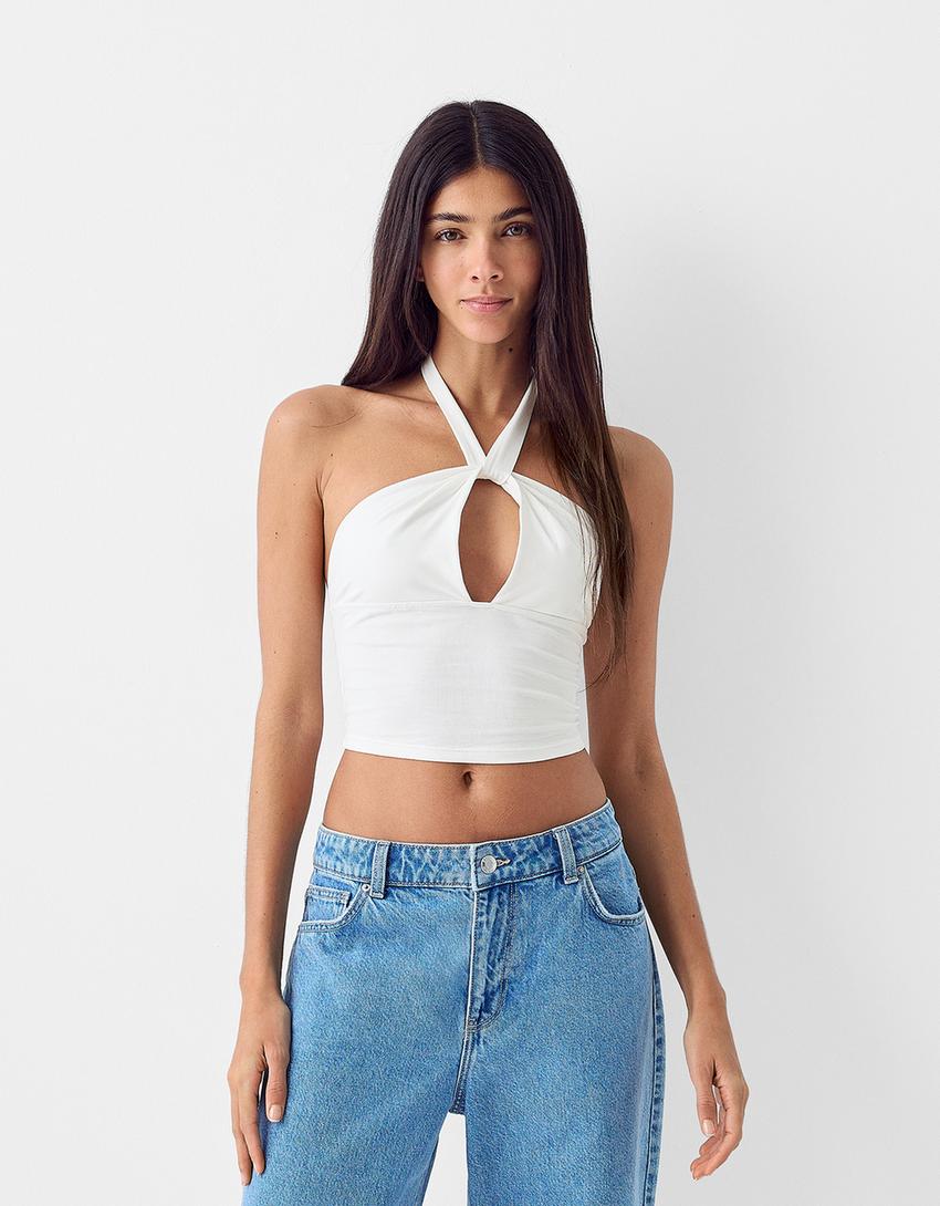 Crossover halter neck top-Off white-0
