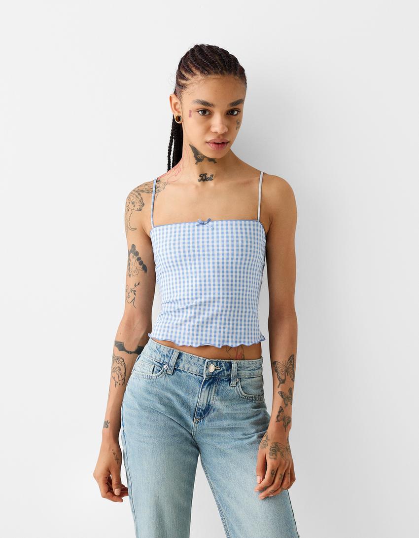 Animal print strappy top with bow detail-Light blue-0